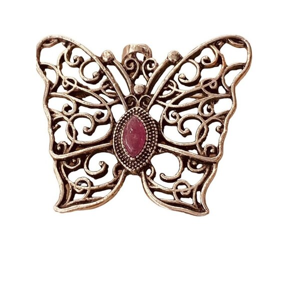 Silvertone Butterfly Pendant Brooch Purple Jewel 1.5" Filigree Style - Picture 13 of 14